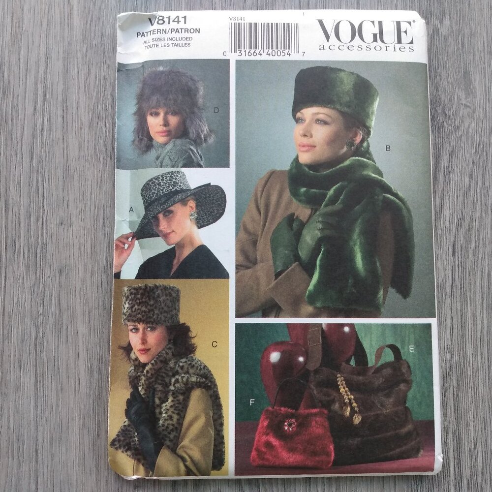 Vogue Sewing Pattern Fur Hat, Scarves and Purse Bags Winter Wear UNCUT 8141